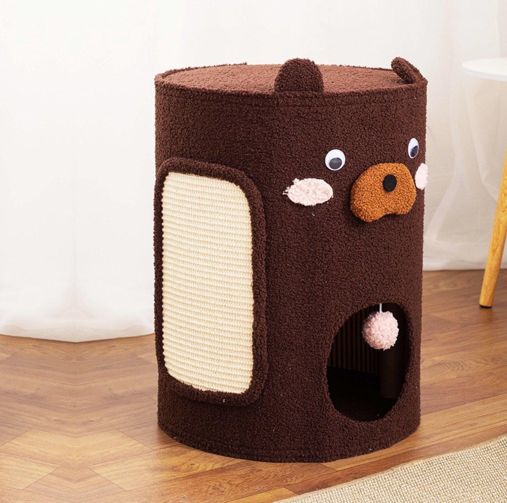 Bear Barrel Cat Scratching Post with Detachable Plush Covering