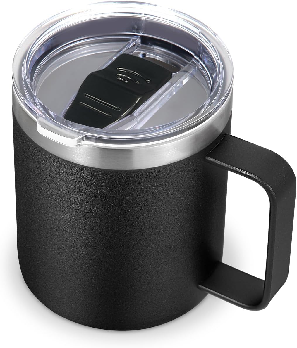 Volhoply 14oz Insulated Stainless Steel Coffee Mug with Leakproof Lid,Double Wall Vacuum Travel Coffee Cup with Handle,Reusable Metal Tumbler,Camping Mugs Keep Hot/Cold,Christmas Gifts(Black,1
