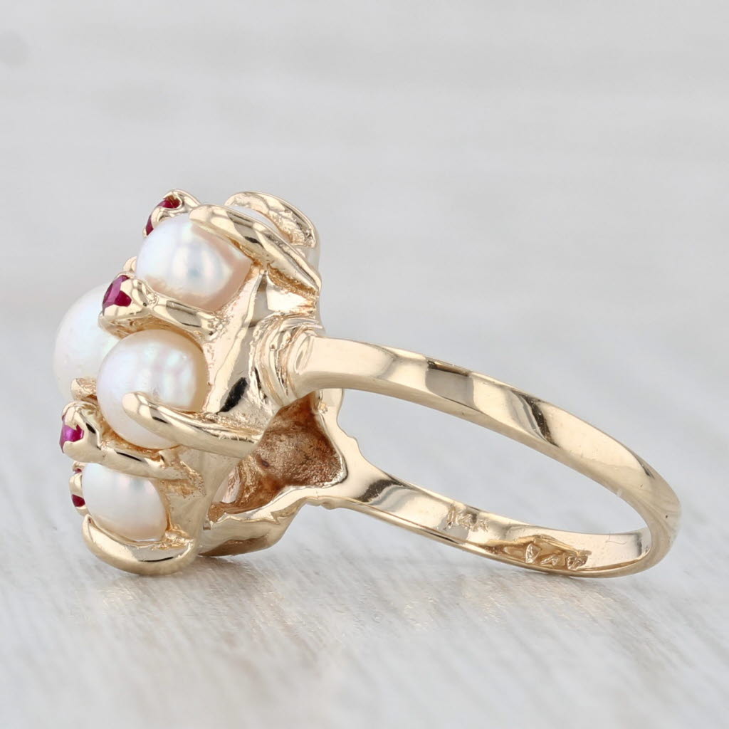 Cultured Pearl Lab Created Ruby Cluster Ring 14k Yellow Gold Size 5