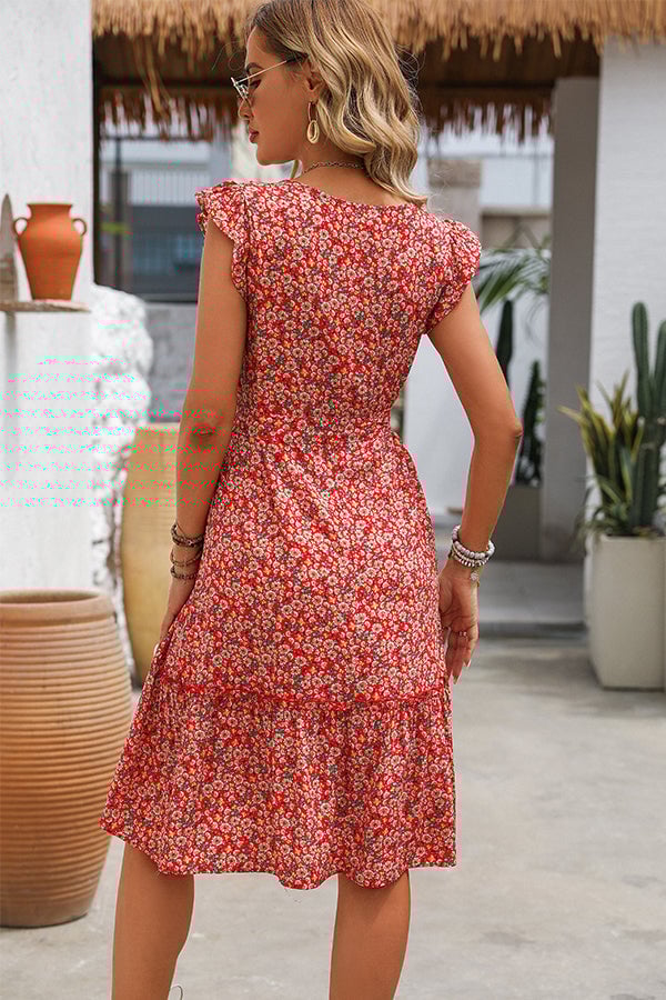 Fashion Ruffle Sleeve Flower Print Casual Dress