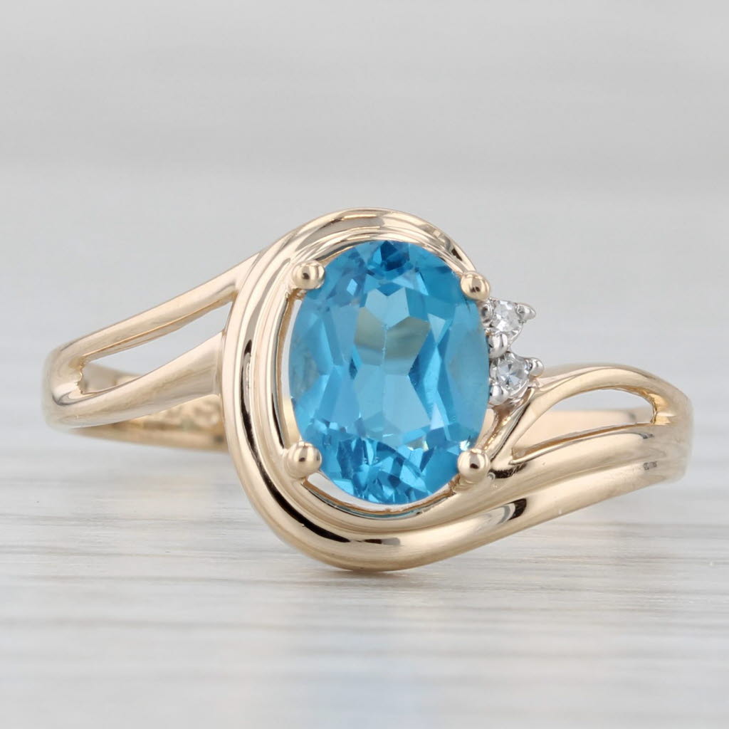 1.50ct Blue Topaz Oval Solitaire Ring 14k Yellow Gold Size 8.5 Diamond Accents