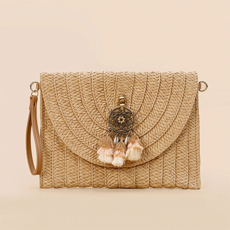 Orange Green Beige Straw Geometric Square Evening Bags