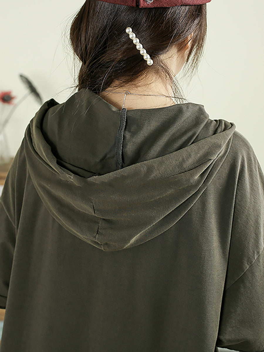 Women Summer Retro Flower Patch 100%Cotton Hooded Shirt