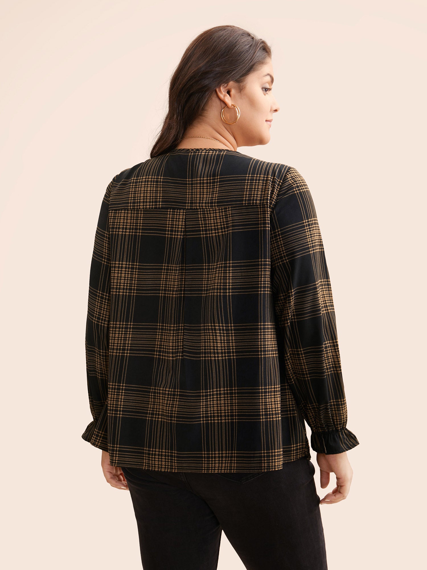 Plaid Pleated Lantern Sleeve Blouse