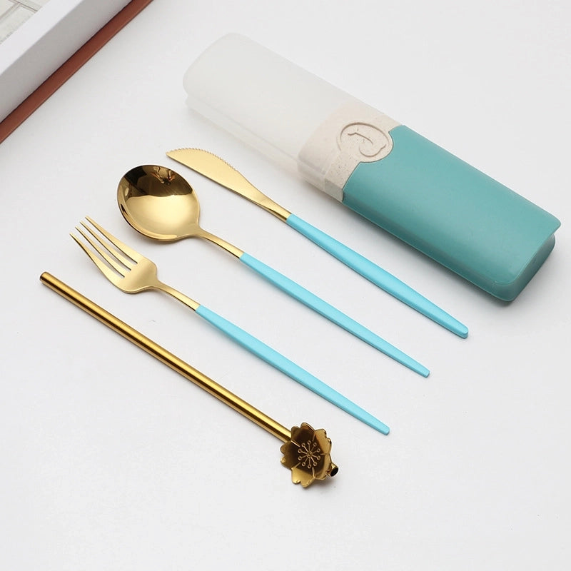 Retro Pastoral Color Block Stainless Steel Spoon Fruit Knife Fruit Fork 1 Set