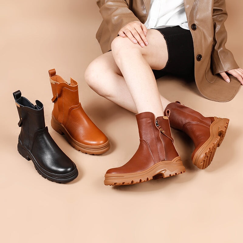 Leather Short Boots Snow Boots Have Fleece Lined for Cold Winter in Black/Brown/Coffee