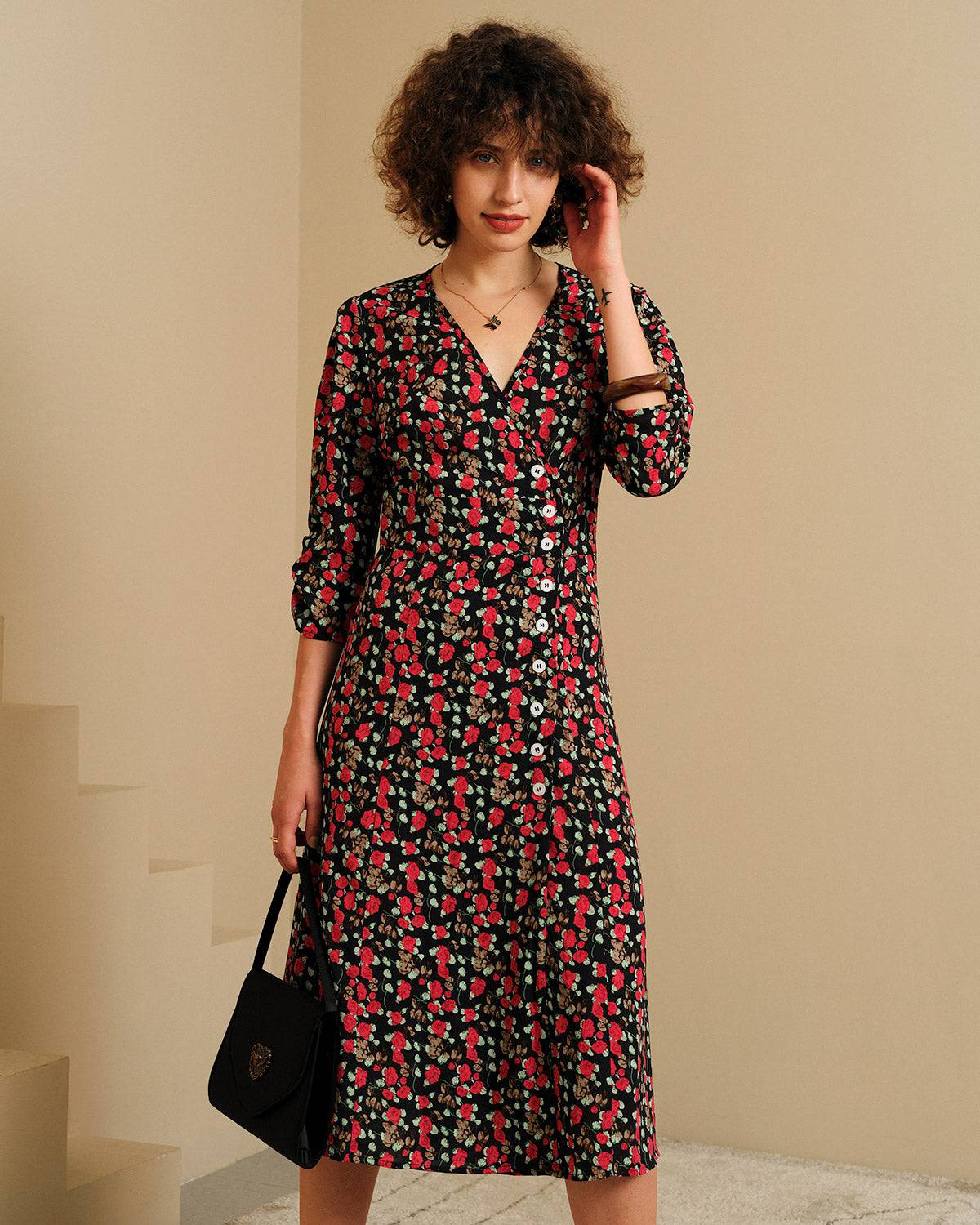 The V Neck Button Floral Midi Dress