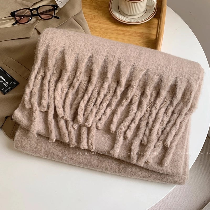 Solid Color Mohair Scarf For Women Autumn And Winter New Thick Braid Winter Student Shawl Scarf