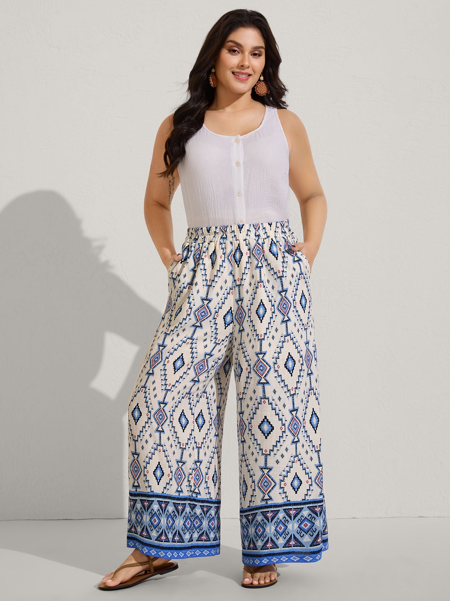 Boho Print Pockets Wide-Leg Pants