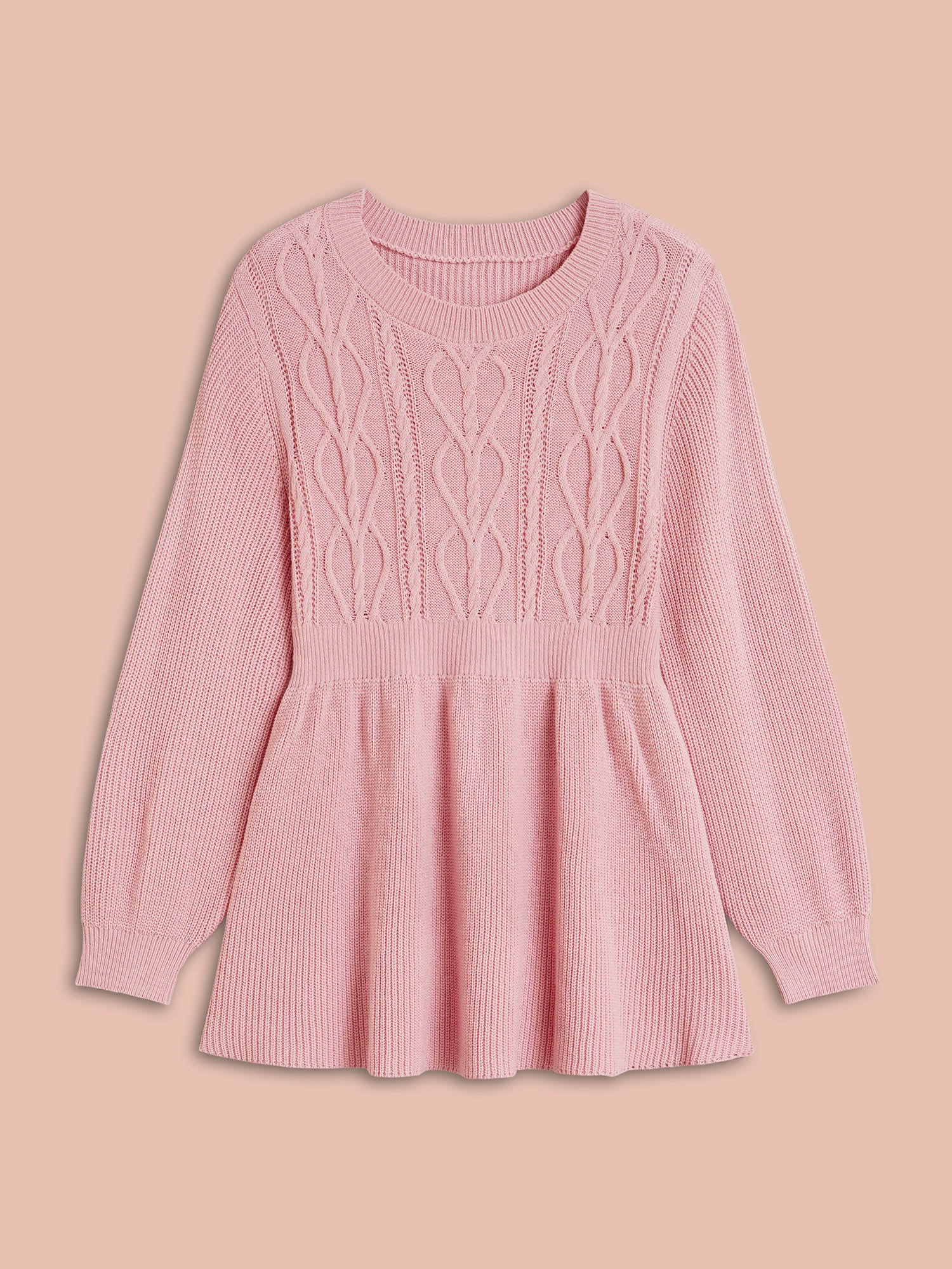 Textured Cable-Knit Waist Cinched Pullover