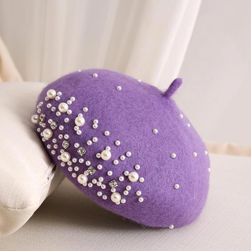 Style Pearl Rhinestone Wool Beret Women's Autumn And Winter British Style Retro Korean Style Japanese Style Western Style Painter Hat