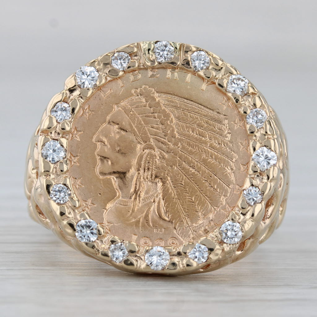 0.43ctw Diamond Halo American Indian 2.50 1929 Coin Ring 14k 900 Gold Size 11.25