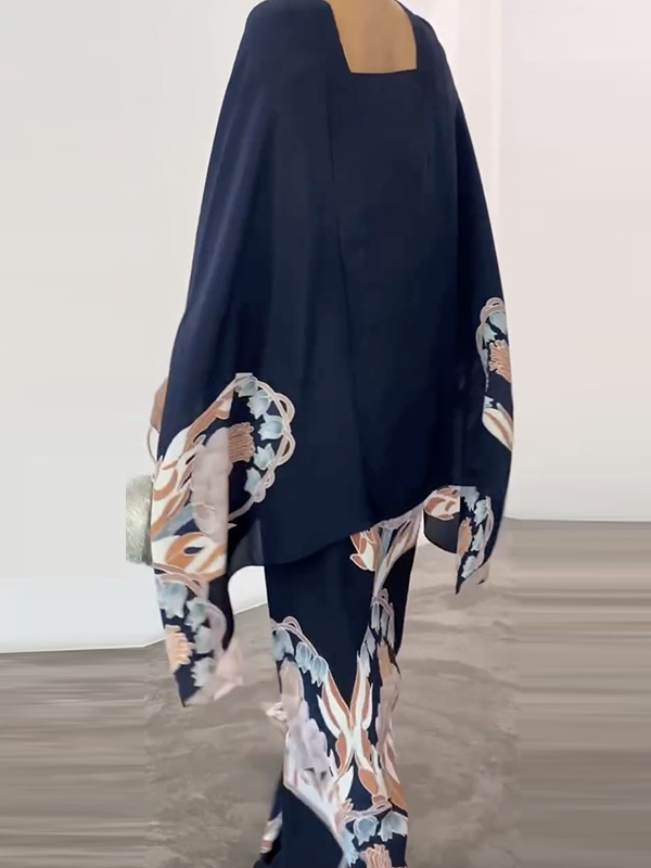 Batwing Sleeves Loose Flower Print Mock Neck Blouses&Shirts Tops