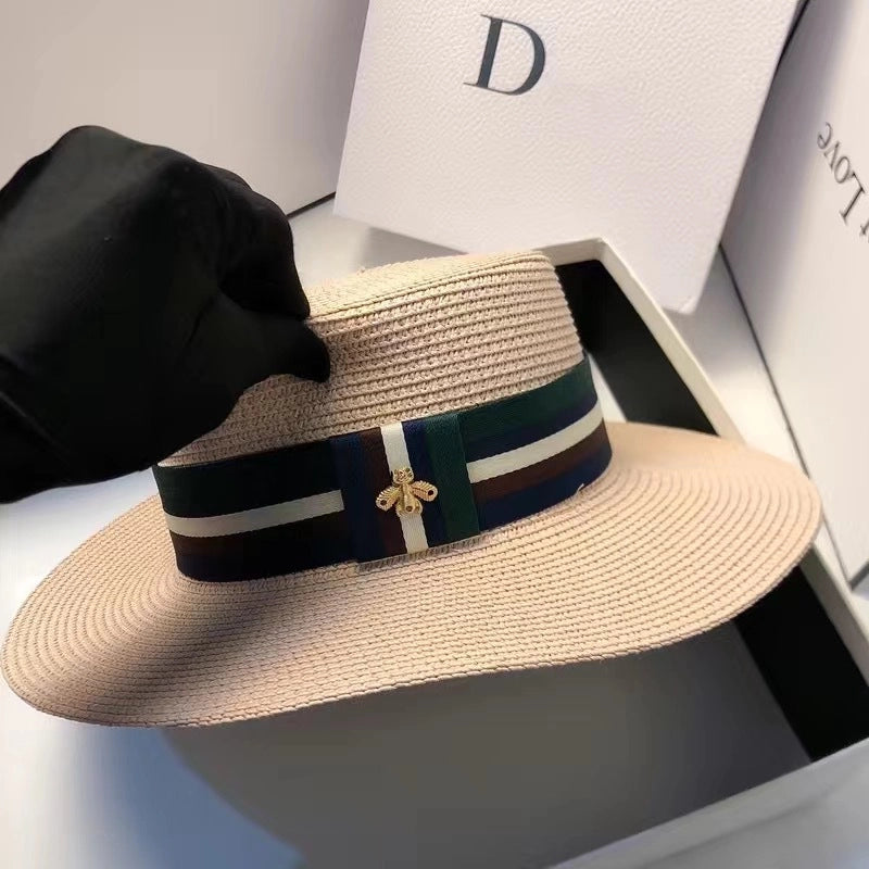 Hat Multi-color Striped Bee Flat Top Top Hat Summer Fashion Korean-style Travel Sunshade Straw Hat Women