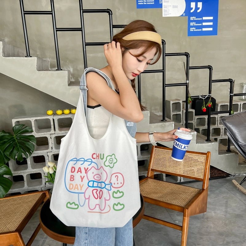 Women's Large Canvas Cartoon Fruit Cute Streetwear Square Open Canvas Bag