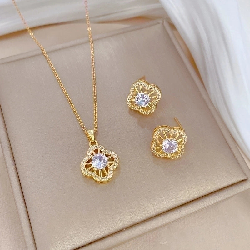 Copper Minimalist Plating Inlay Rhombus Bow Knot Zircon Jewelry Set