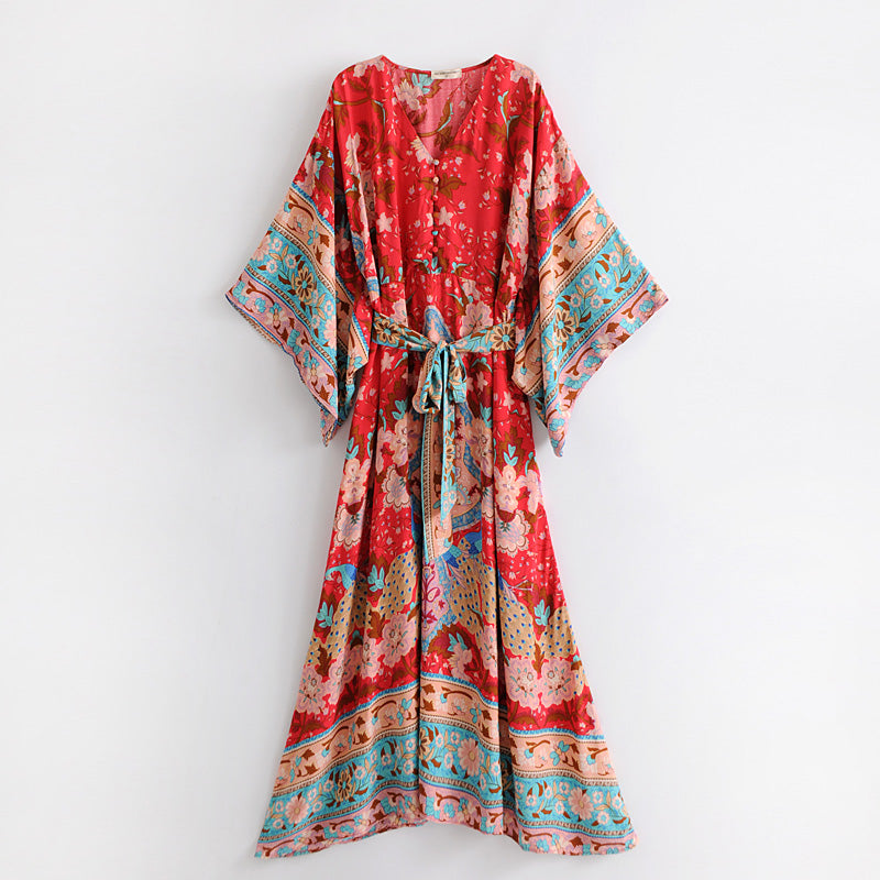 Boho Dress for Women|Bohemian Dress|Midi Boho Dress| Red Bat Sleeve Bohemian Kimono DressV Neck Sashes Summer Boho Dresses Cover-up|Wedding Guest Dress