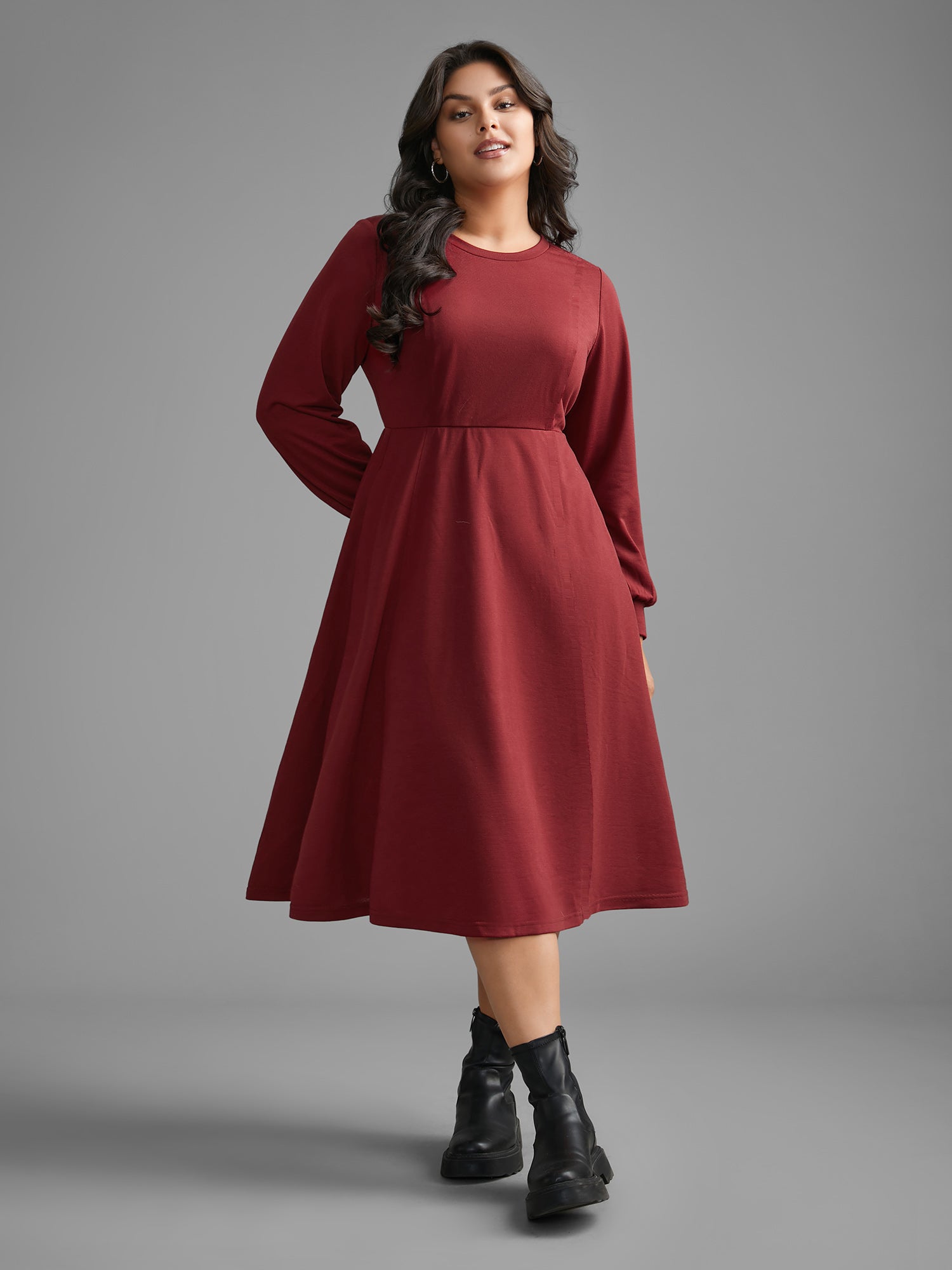 Solid Round Neck Midi Knit Dress