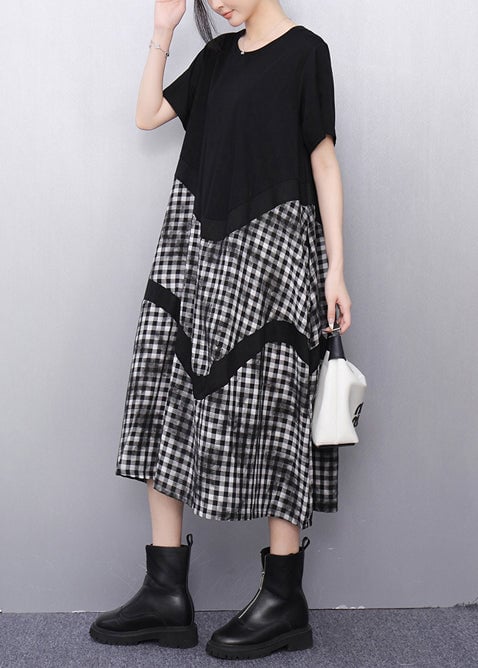 Grey Plaid Patchwork Cotton Vacation Dresses Summer