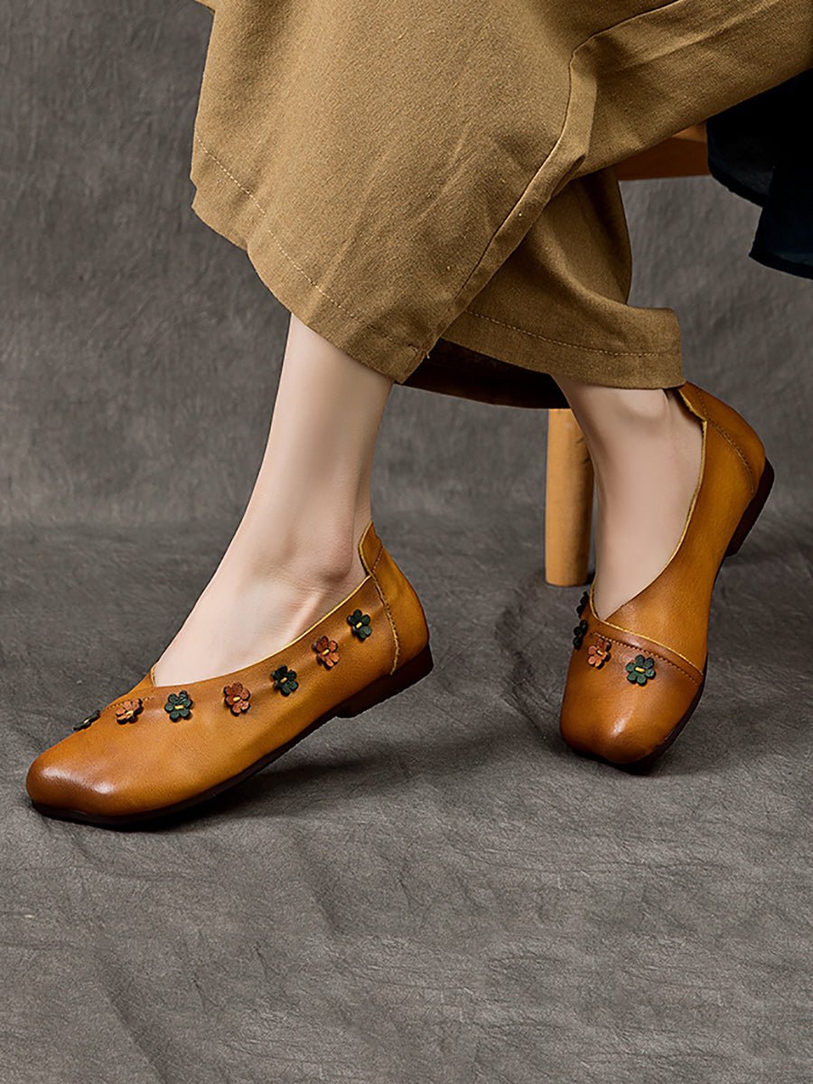 Women Vintage Summer Leather Flower Spliced Flat Shoes