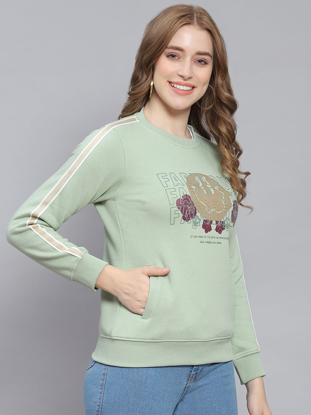 Women Green Printed Round Neck Full Sleeve Sweatshirts