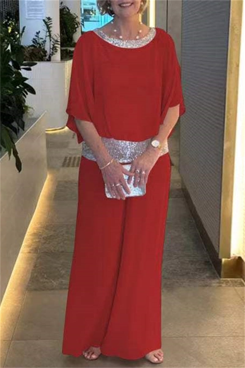 Casual Solid Color Sequins Patchwork O Neck Half Sleeve Two Pieces
