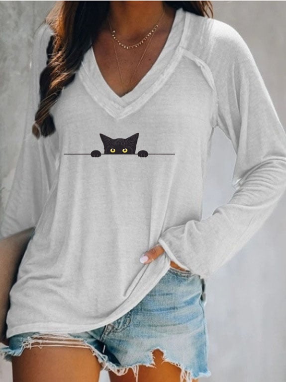 Women's Black Cat Casual V-Neck Long-Sleeve T-Shirt