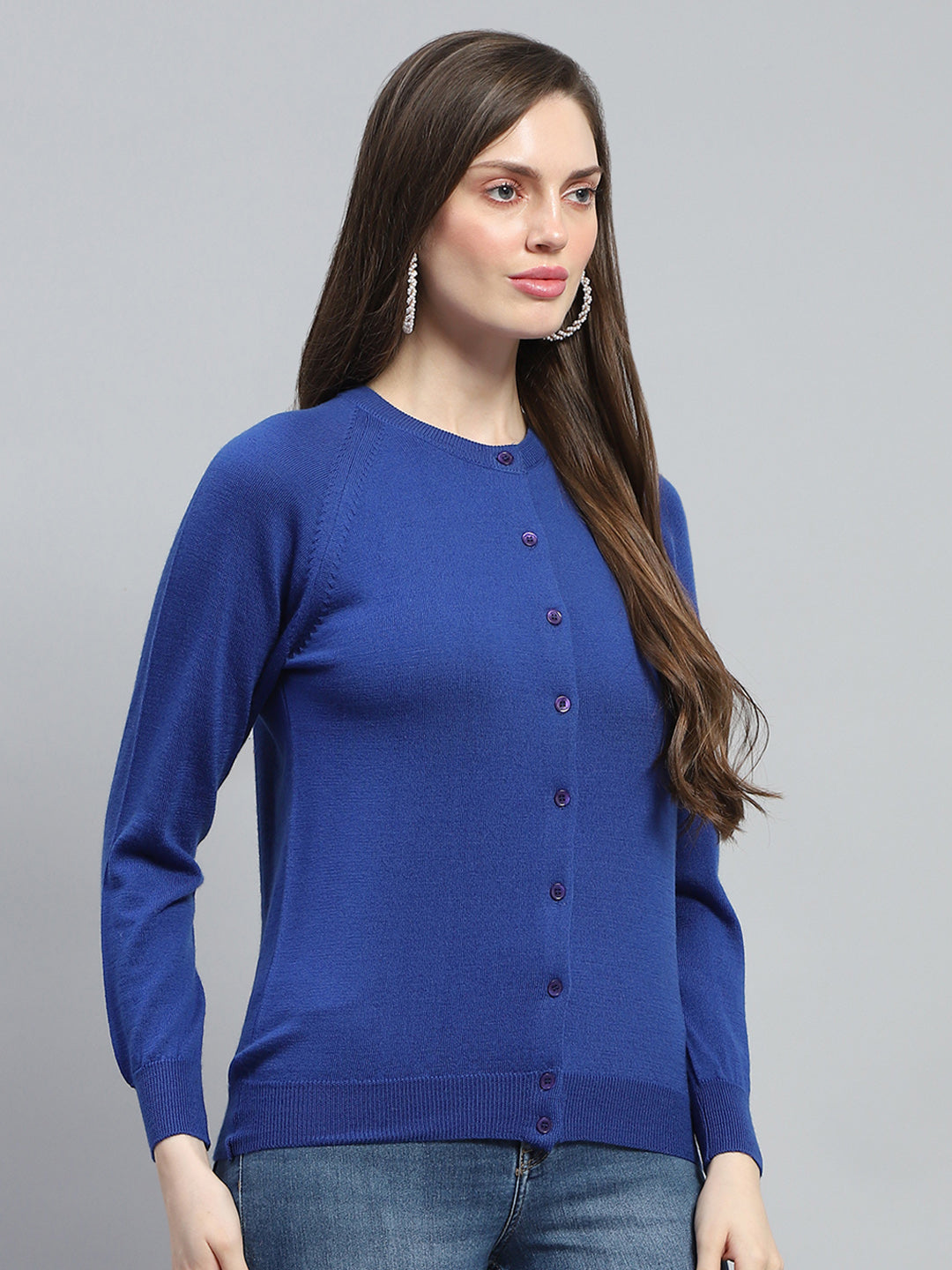 Women Blue Solid Round Neck Full Sleeve Cardigan