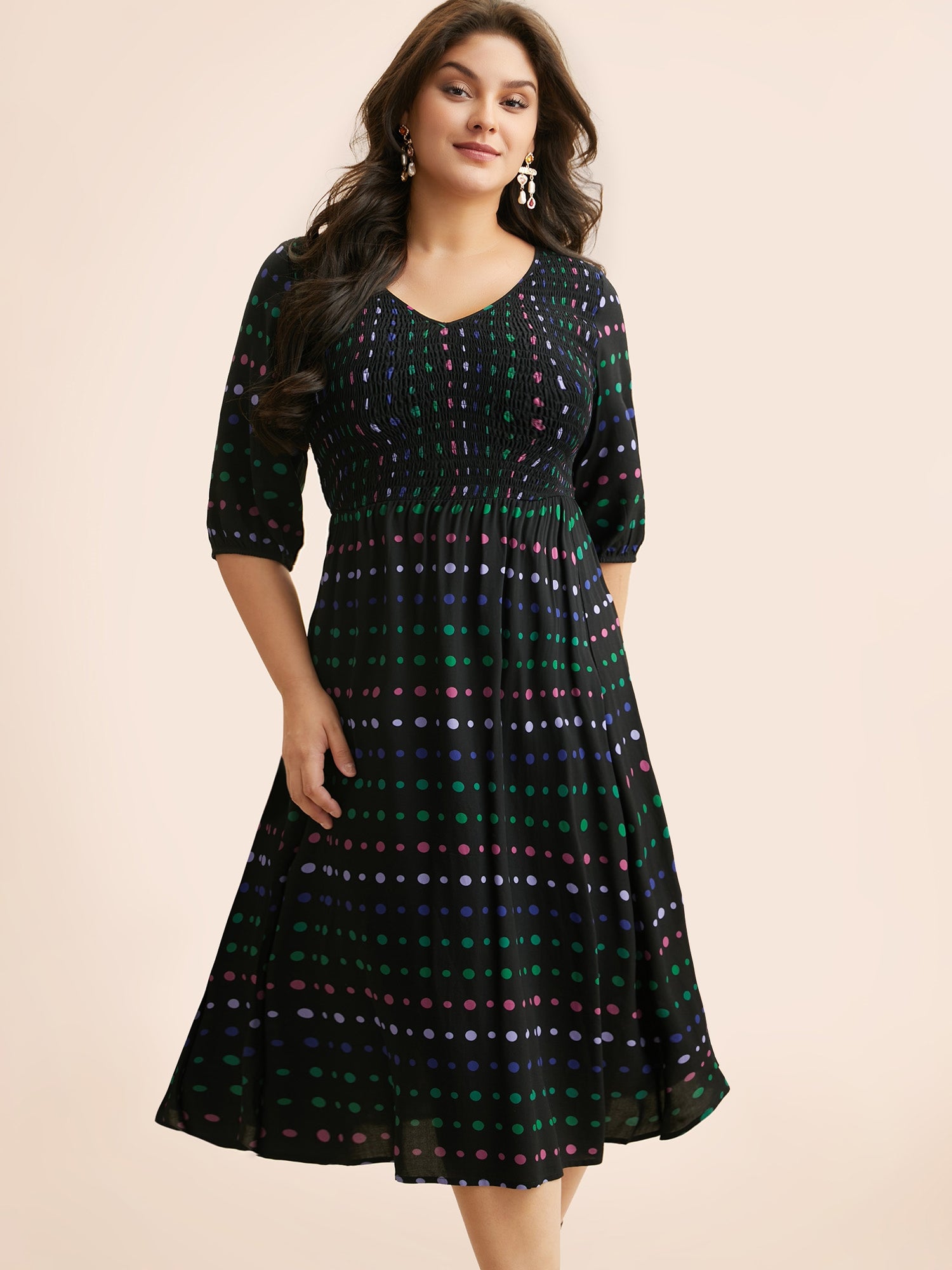 Polka Dot Shirred Lantern Sleeve Dress