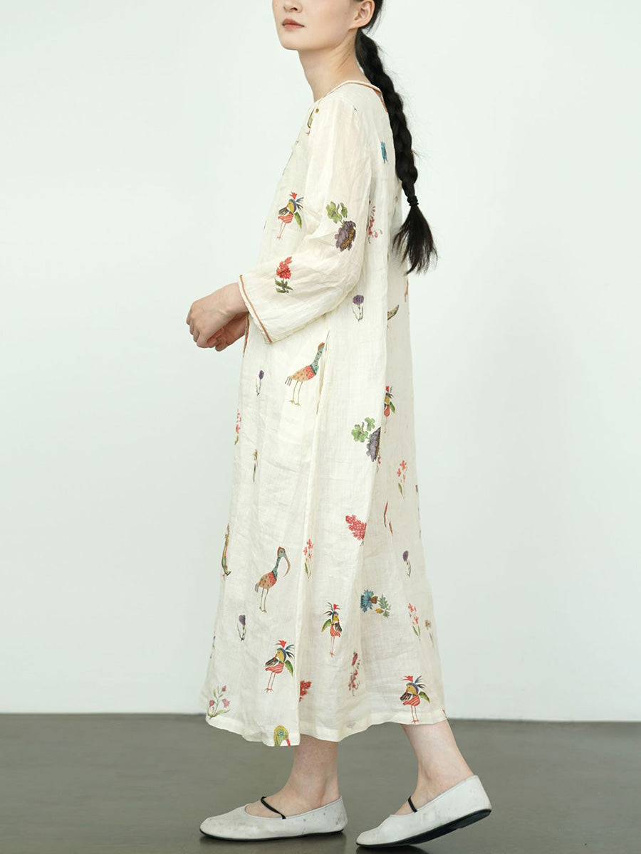 Women Summer Artsy Flower  V-Neck 100%Ramie Dress
