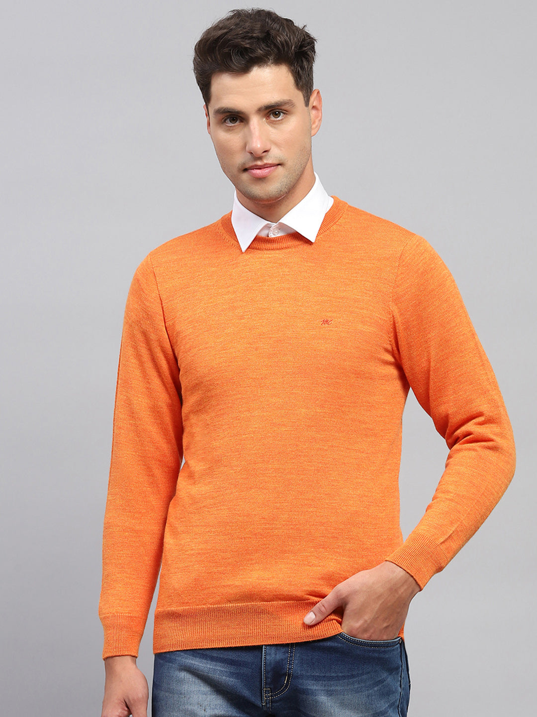 Men Orange Solid Round Neck Full Sleeve Pullover