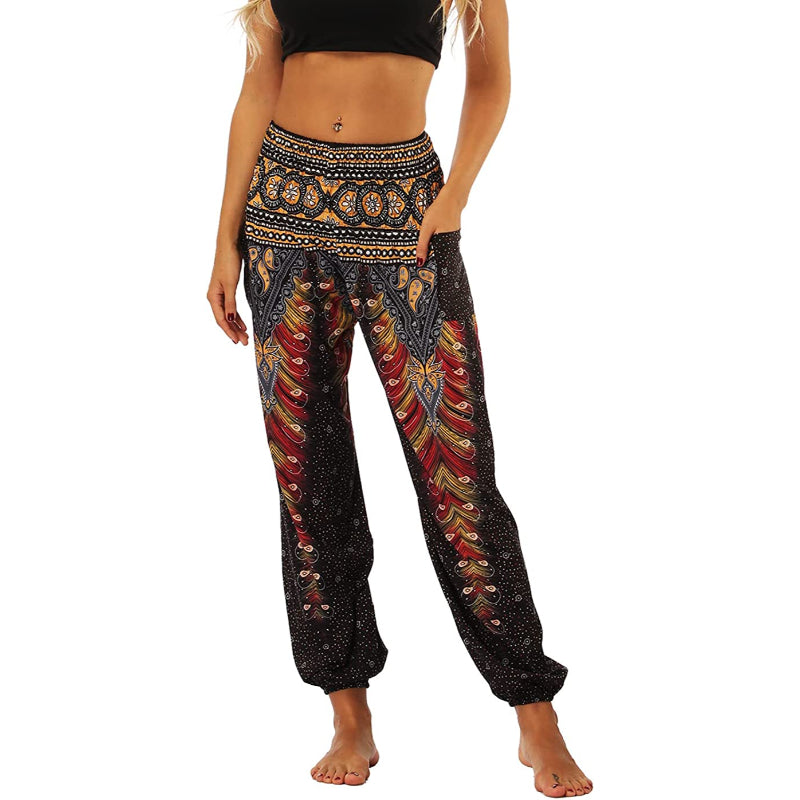 Women's Boho Pants Harem Smocked Waist Yoga Hippie Palazzo Summer Beach Pants
