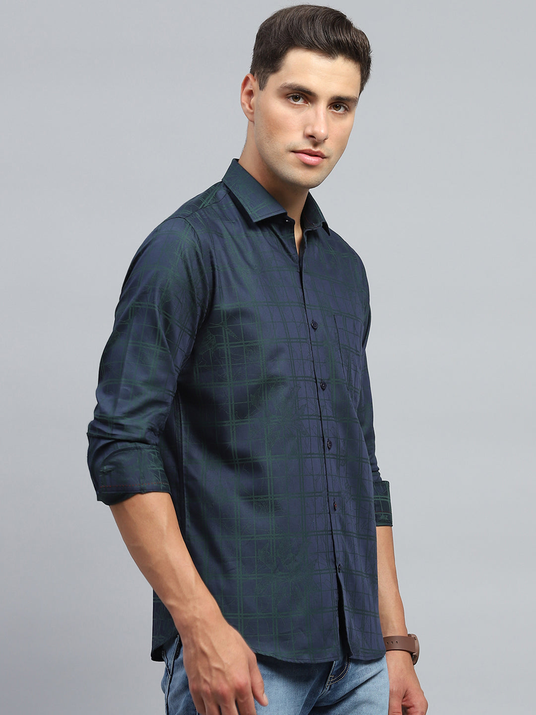 Men Navy Blue Check Collar Full Sleeve Shirt