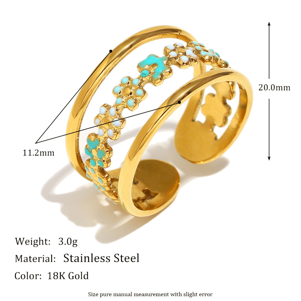 Niche Trend Stainless Steel 18K Gold Plated Cross Line Fishbone Flower Crab Turtle Open Ring