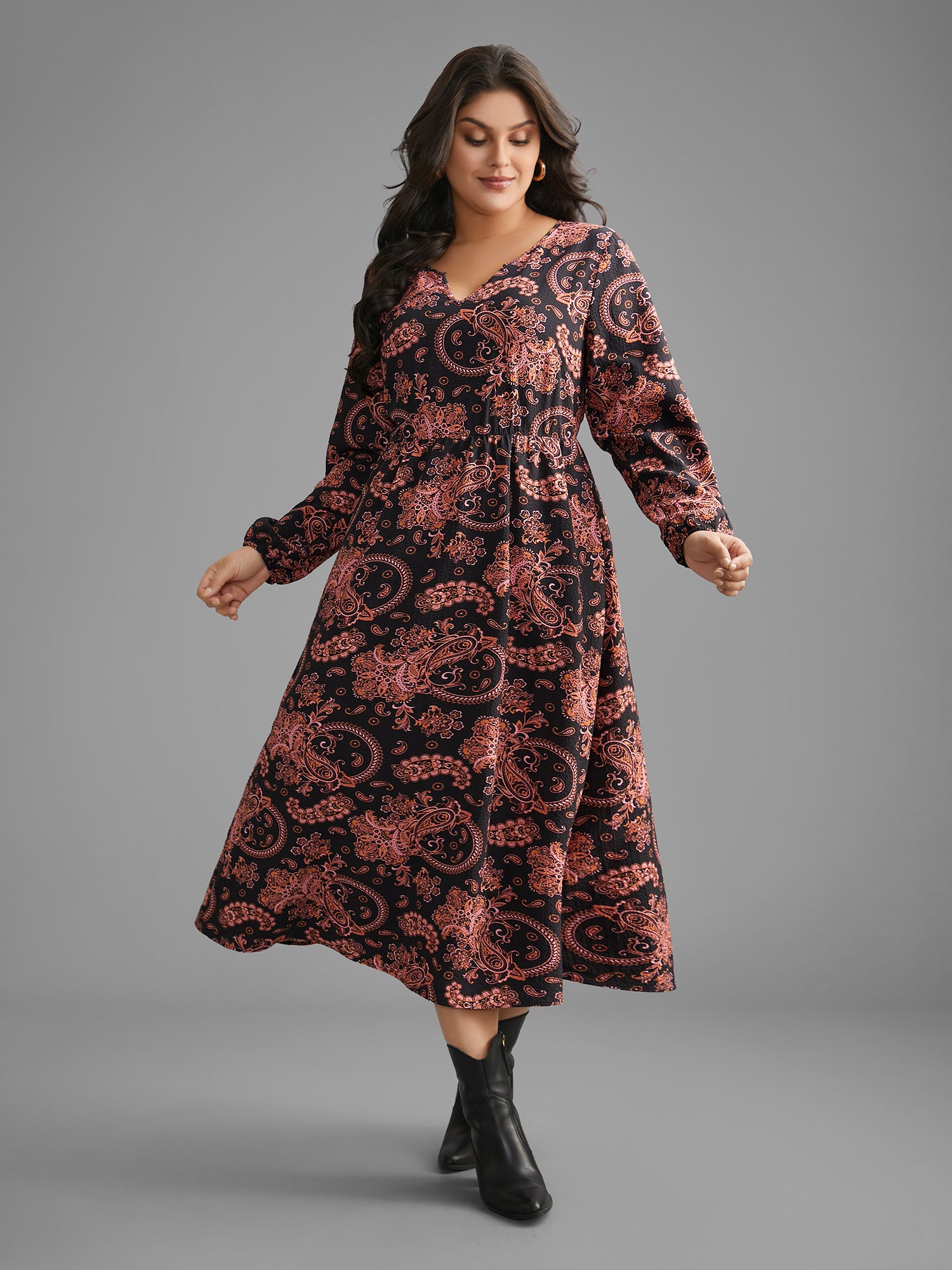 Boho Print Notched Collar Lantern Sleeve Dress