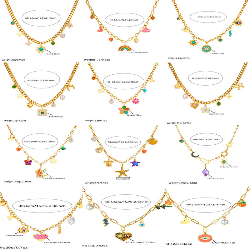 Fashion Colorful Dopamine Oil Drop Rainbow Flower Accessories Pendant Eye Butterfly Chain Stainless Steel Necklace