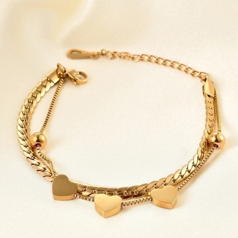 Minimalist Heart-shaped Stitching Chian Titanium Steel Double Layer Bracelet