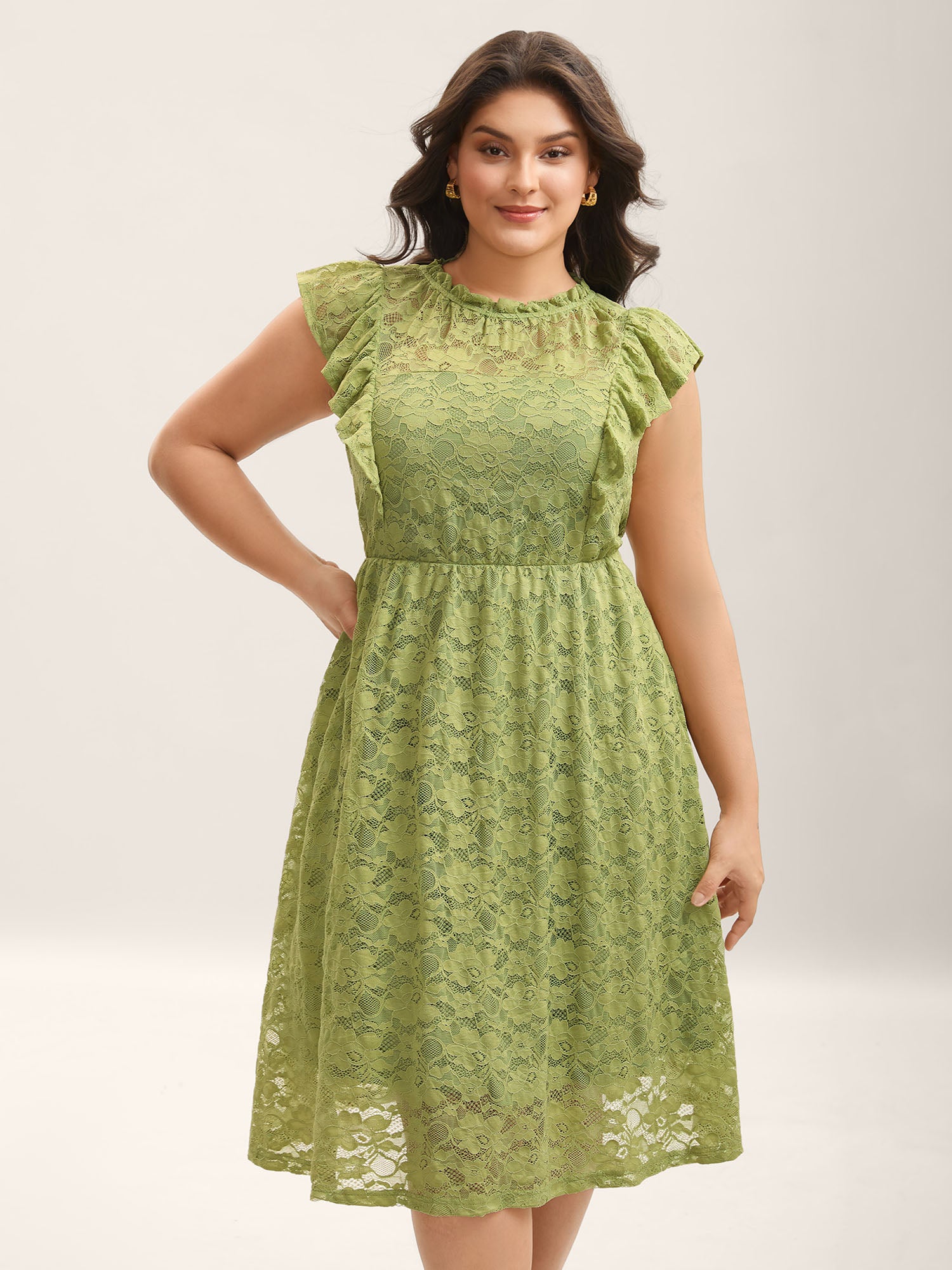 Lace Stretchy Waist Ruffled Midi Dress