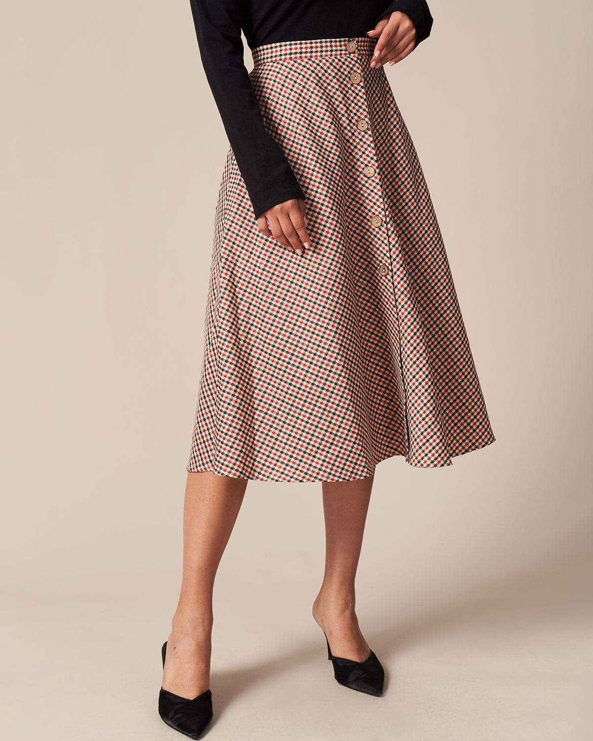 The Brown High Waisted Plaid Button Midi Skirt