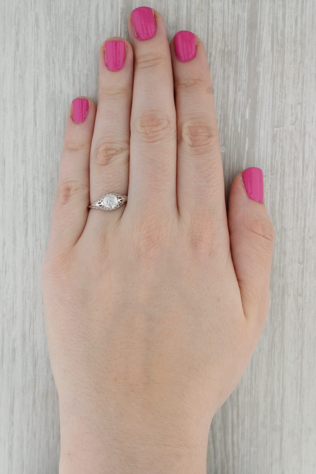Vintage Filigree Diamond Solitaire Ring 18k White Gold Size 8