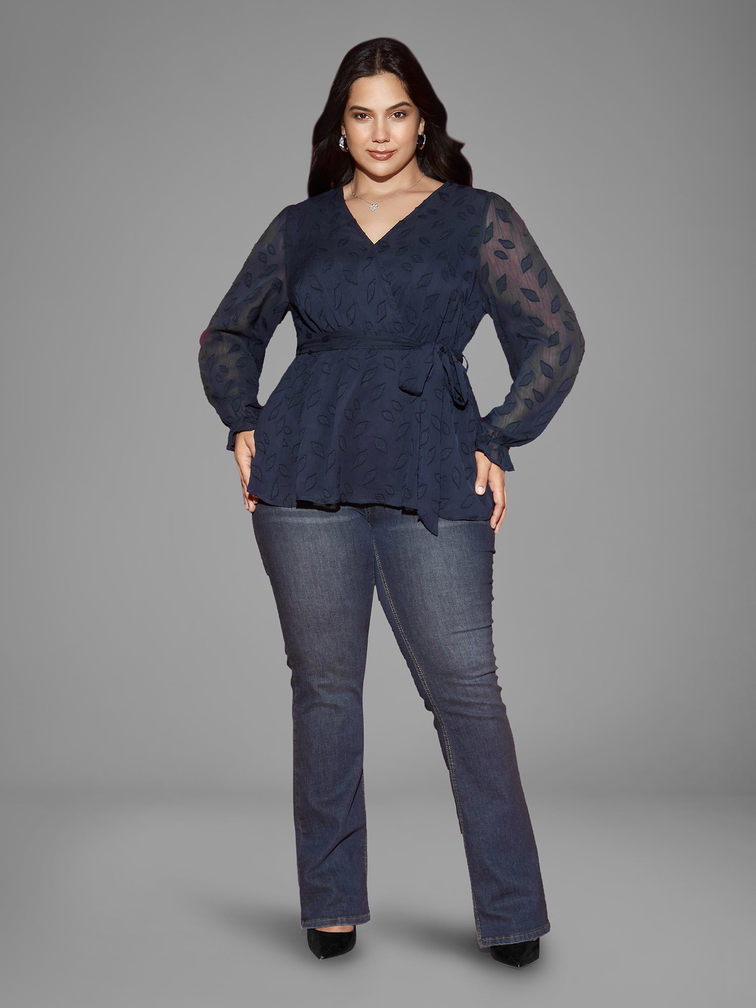 Burn-out Fabric Surplice Neckline Shirt