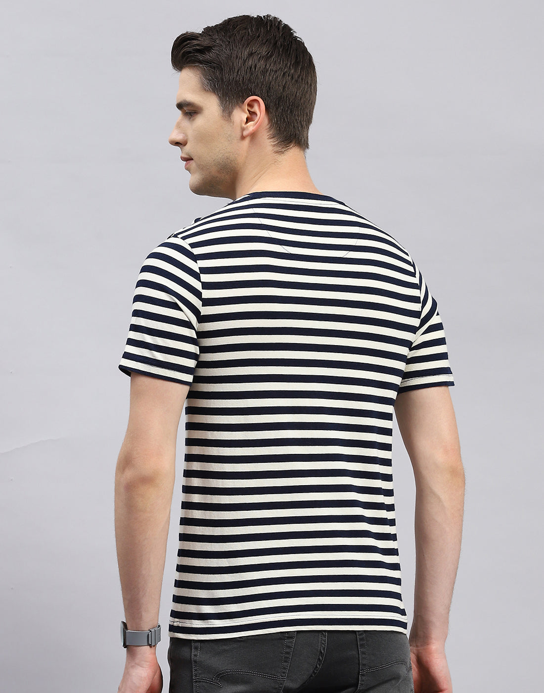 Men Navy Blue Stripe Polo Collar Half Sleeve T-Shirt