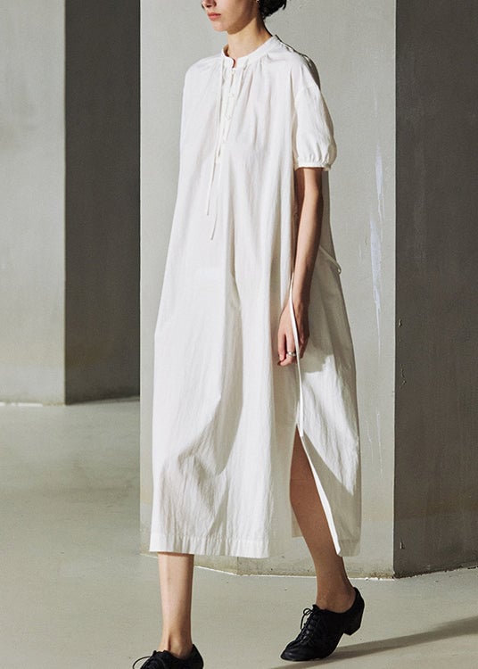 Handmade White O-Neck Cinched Loose Cotton Long Dresses Summer
