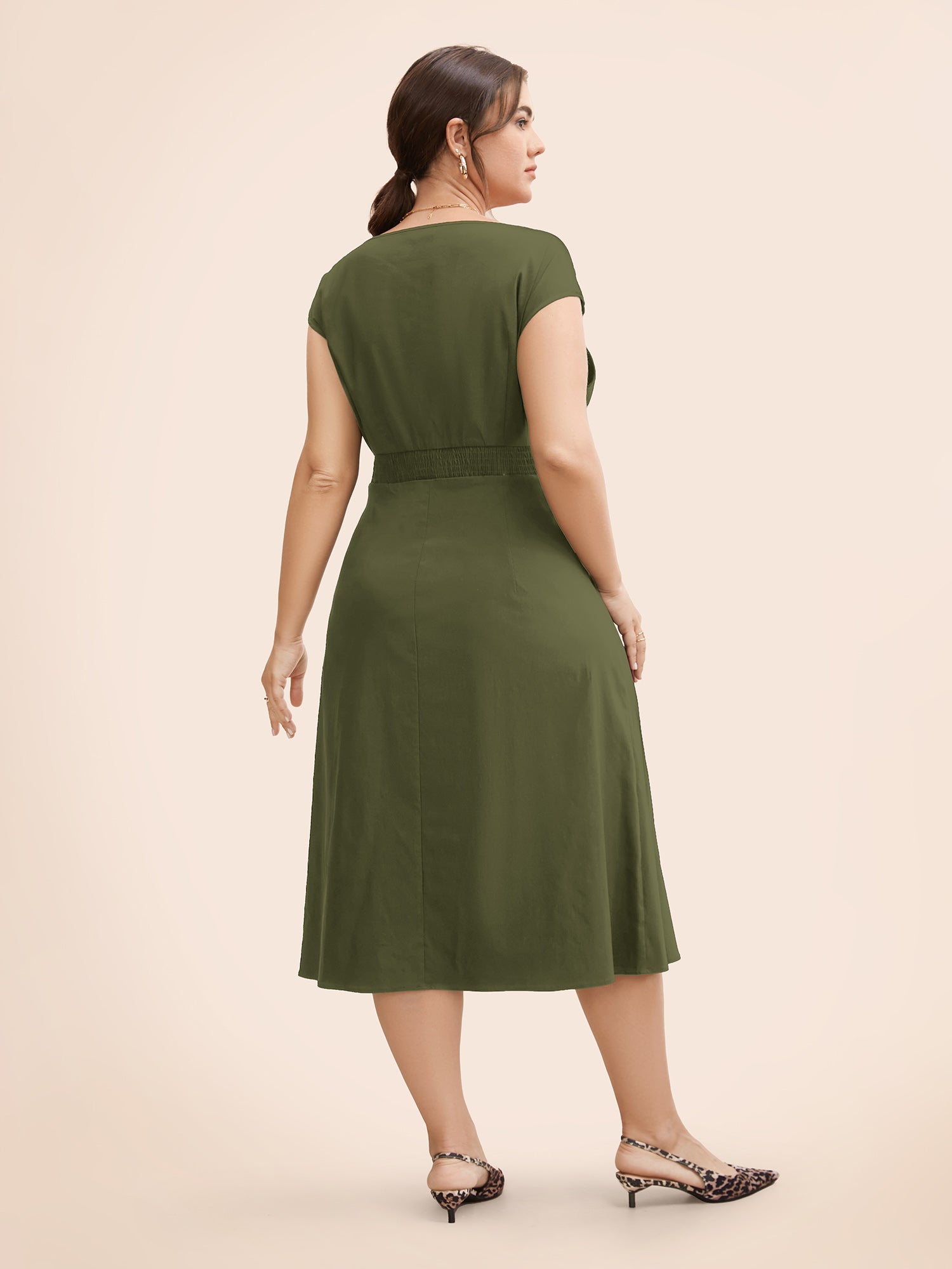 Stretch Woven Cowl Neckline Midi Dress