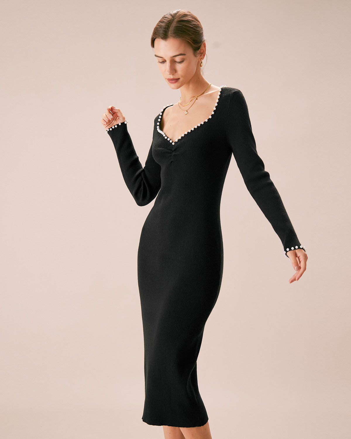 The Black Pearl Trim Bodycon Knit Midi Dress