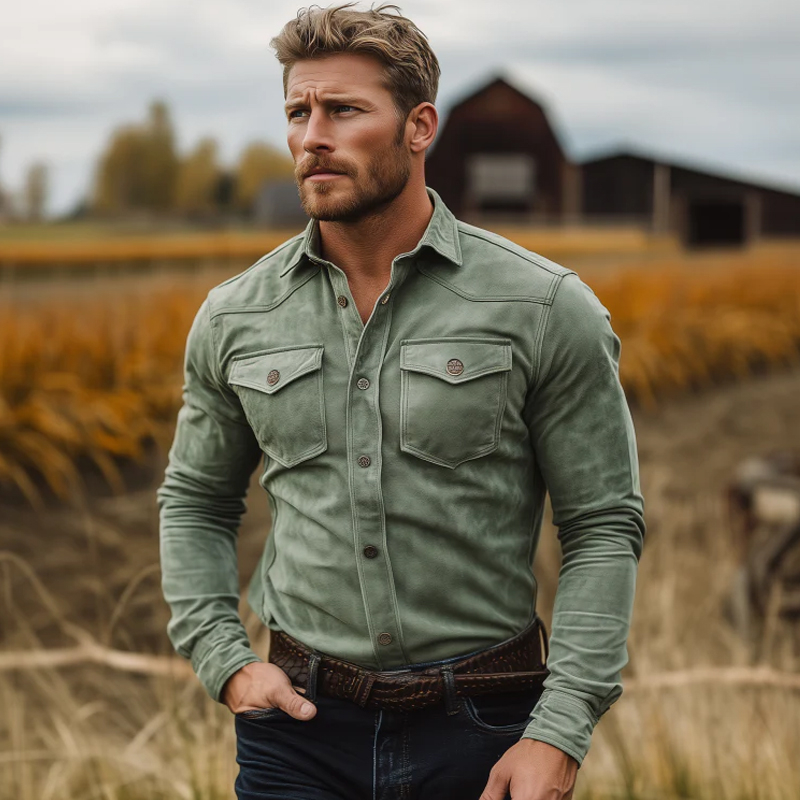 Men's Classic Casual Western Style Solid Color Slim Fit Suede Long Sleeve Shirt