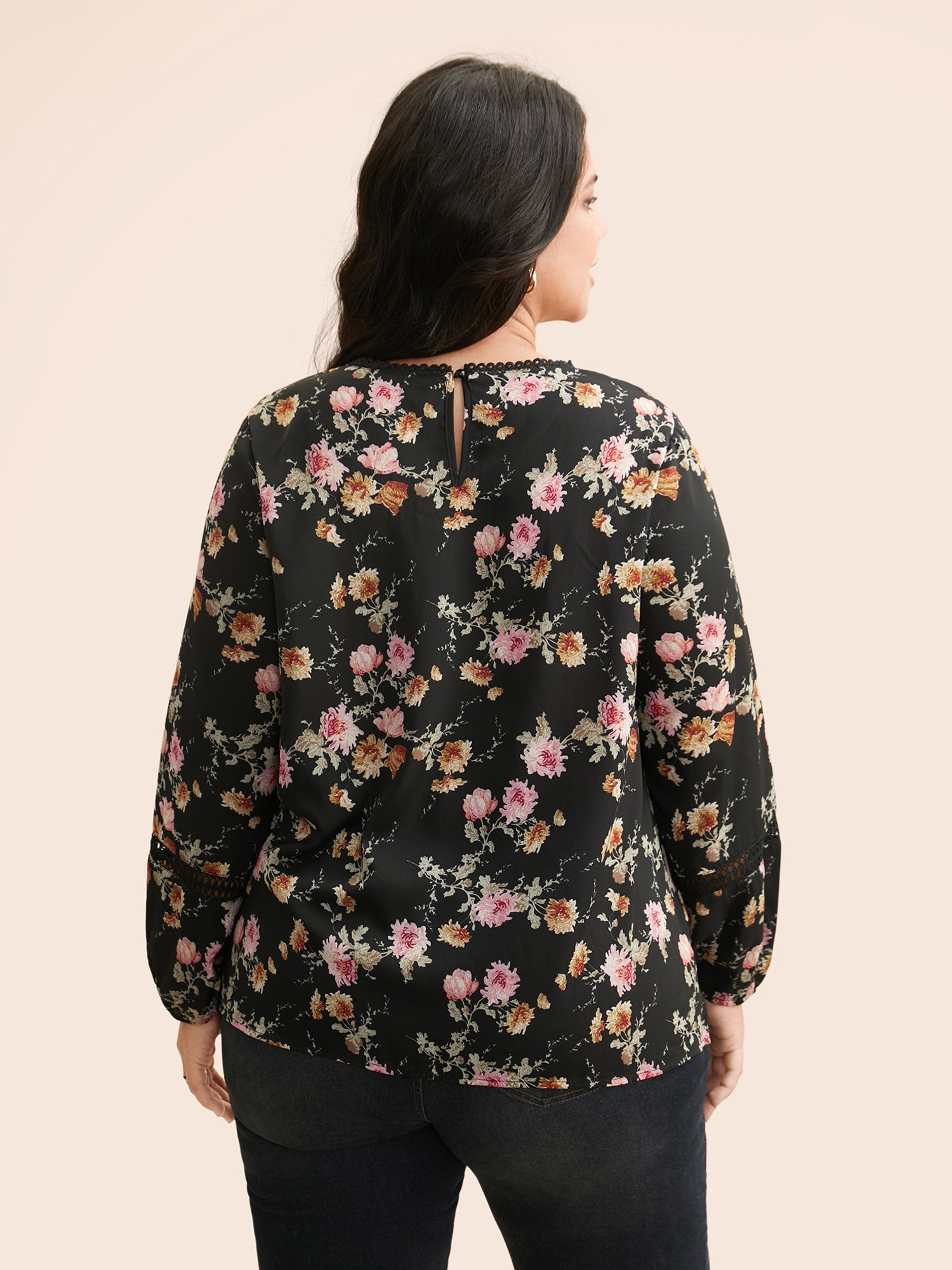 Floral Lace Panel Lantern Sleeve Blouse