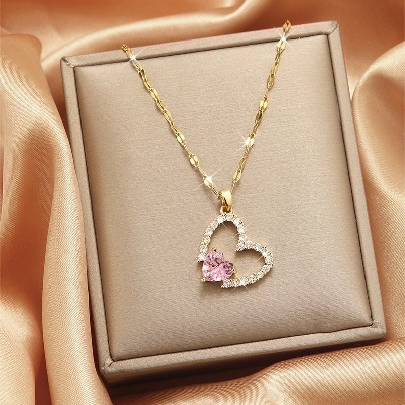 3 Pieces Lady Heart Shape Flower Titanium Steel Plating Inlay Zircon Gold Plated Pendant Necklace