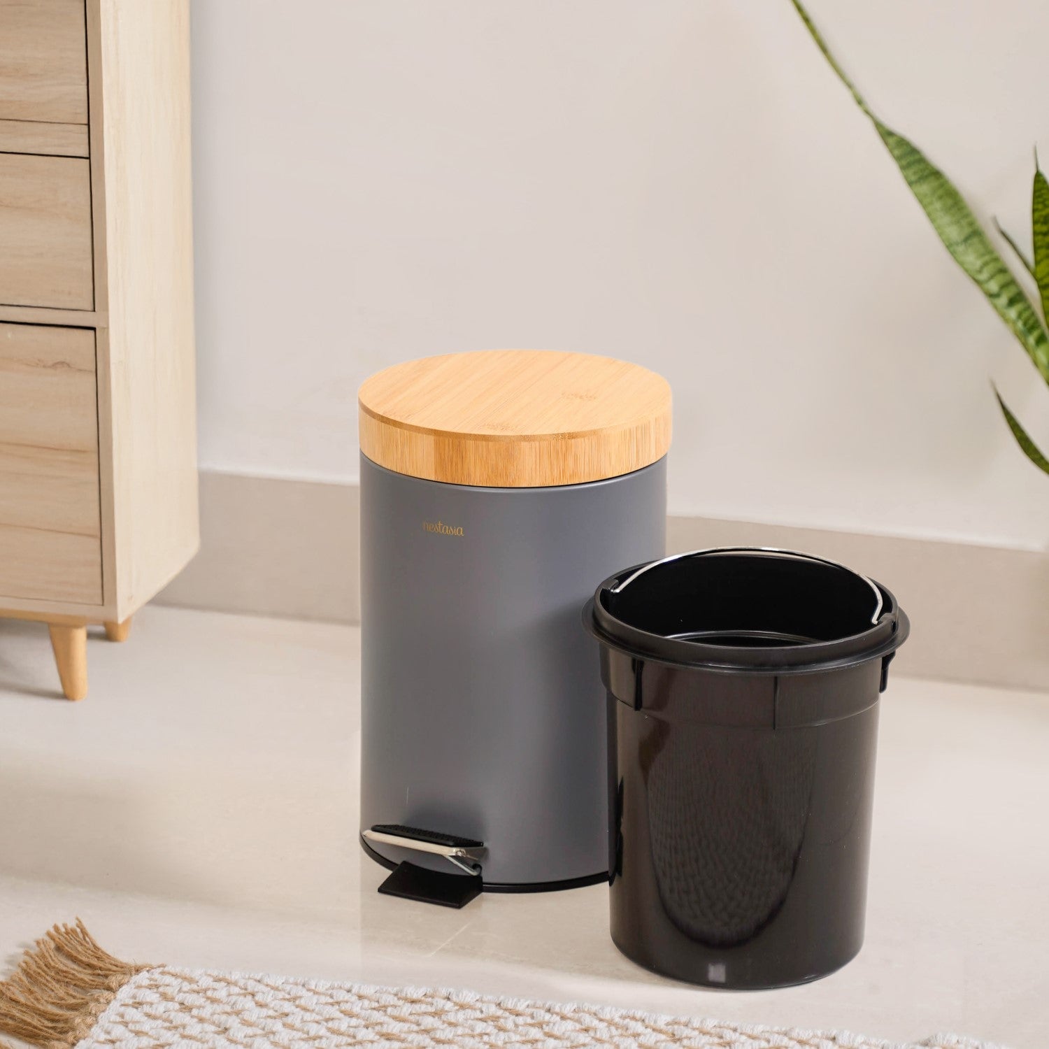 Modbin Bamboo Lid Metal Dustbin Grey 3000ml