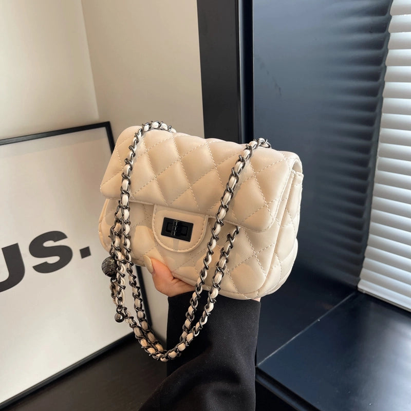 Women's Pu Leather Solid Color Classic Style Sewing Thread Square Lock Clasp Shoulder Bag Crossbody Bag